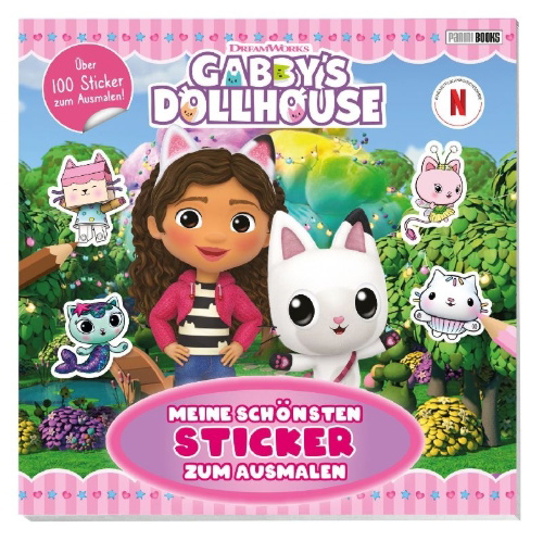 Buchcover und Innenansicht für das Buch: Gabby's Dollhouse: Meine schönsten Sticker zum Ausmalen