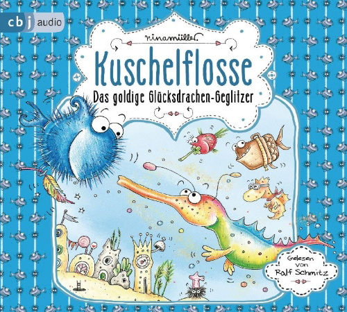 Buchcover und Innenansicht für das Buch: Kuschelflosse - Das goldige Glücksdrachen-Geglitzer