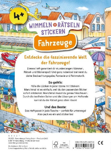 Buchcover und Innenansicht für das Buch: Wimmeln, Rätseln, Stickern: Fahrzeuge