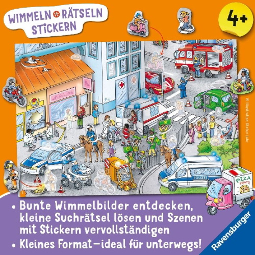 Buchcover und Innenansicht für das Buch: Wimmeln, Rätseln, Stickern: Fahrzeuge