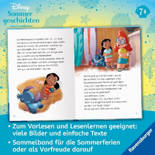 Buchcover und Innenansicht für das Buch: Disney Sommergeschichten - Erstlesebuch ab 7 Jahren zum Lesenlernen