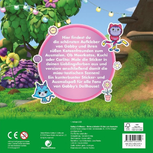 Buchcover und Innenansicht für das Buch: Gabby's Dollhouse: Meine schönsten Sticker zum Ausmalen