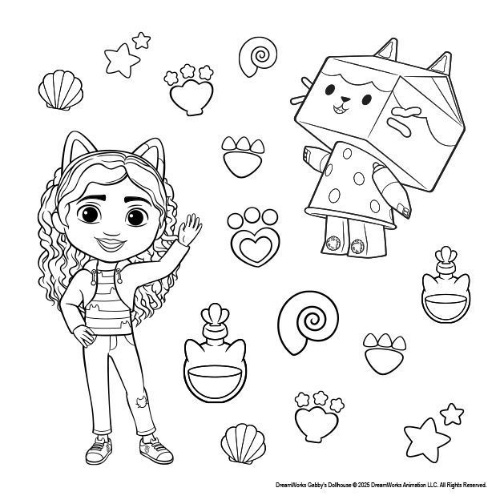 Buchcover und Innenansicht für das Buch: Gabby's Dollhouse: Meine schönsten Sticker zum Ausmalen