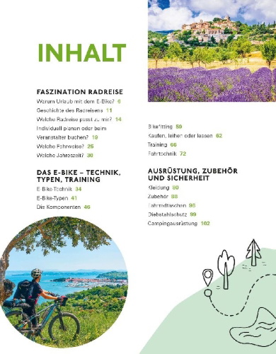 Buchcover und Innenansicht für das Buch: Radreisen mit dem E-Bike