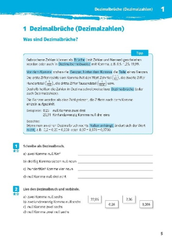 Buchcover und Innenansicht für das Buch: Klett 10-Minuten-Training Mathematik Rechnen mit Dezimalbrüchen 6. Klasse