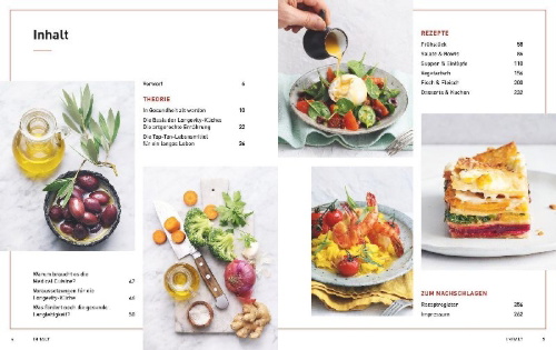 Buchcover und Innenansicht für das Buch: Medical Cuisine - Das große Longevity Kochbuch