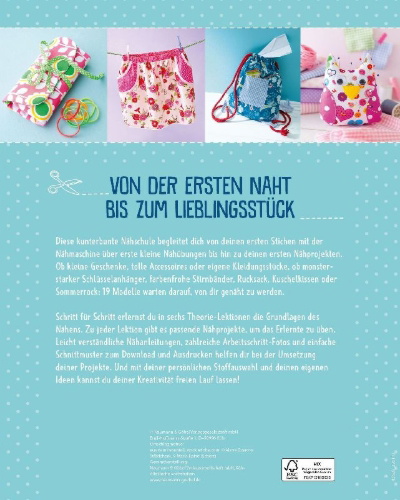 Buchcover und Innenansicht für das Buch: Die bunte Nähschule für Kinder I 19 Nähprojekte, Grundlagen & Übungen