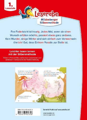Buchcover und Innenansicht für das Buch: Fee Federleicht und das Einhorn - Leserabe ab 1. Klasse - Erstlesebuch für Kinder ab 6 Jahren (mit Mildenberger Silbenmethode)