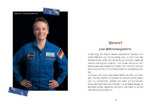 Buchcover und Innenansicht für das Buch: Die Astronautin von nebenan. Eine Reise vom Kinderzimmer ins Weltall