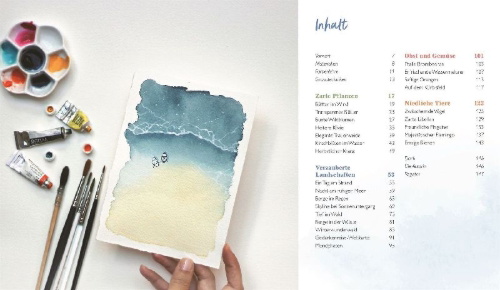 Buchcover und Innenansicht für das Buch: Strich für Strich zur kreativen Entspannung mit Watercolor