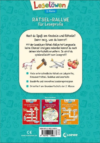 Buchcover und Innenansicht für das Buch: Leselöwen Rätsel-Rallye für Leseprofis - 2. Klasse (Türkis)