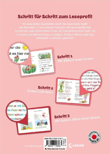 Buchcover und Innenansicht für das Buch: Lesenlernen in 3 Schritten - Die schönsten Feengeschichten