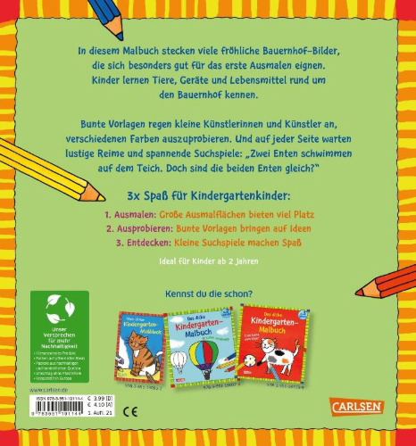 Buchcover und Innenansicht für das Buch: Ausmalbilder für Kita-Kinder: Das dicke Kindergarten-Malbuch: Auf dem Bauernhof